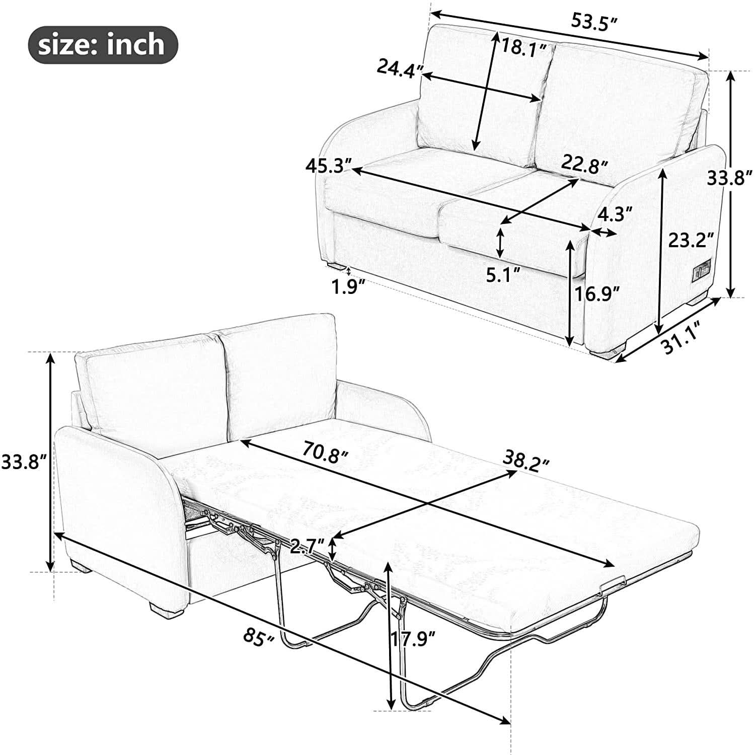Black Velvet Loveseat Sleeper With USB Built In Plug