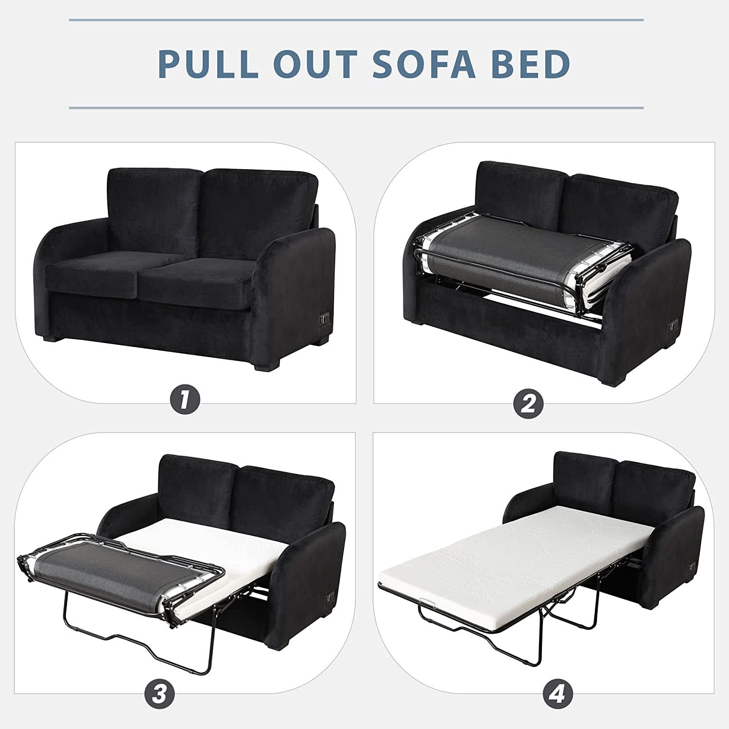 Black Velvet Loveseat Sleeper With USB Built In Plug
