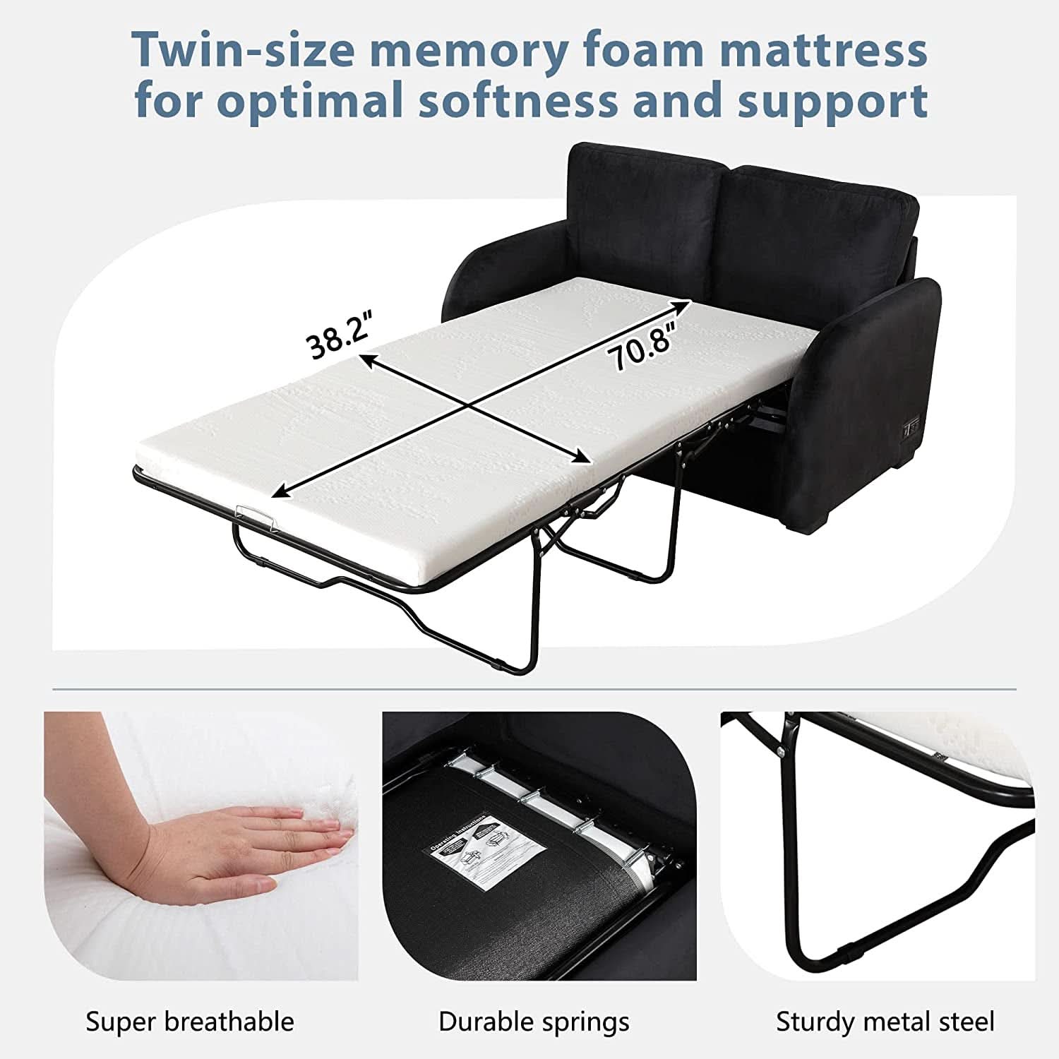 Black Velvet Loveseat Sleeper With USB Built In Plug