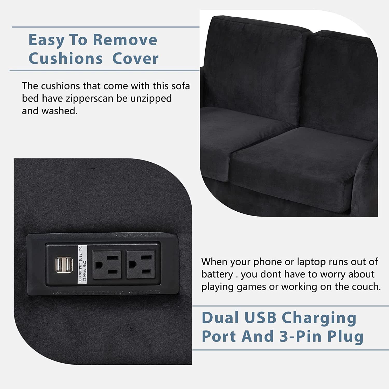 Black Velvet Loveseat Sleeper With USB Built In Plug