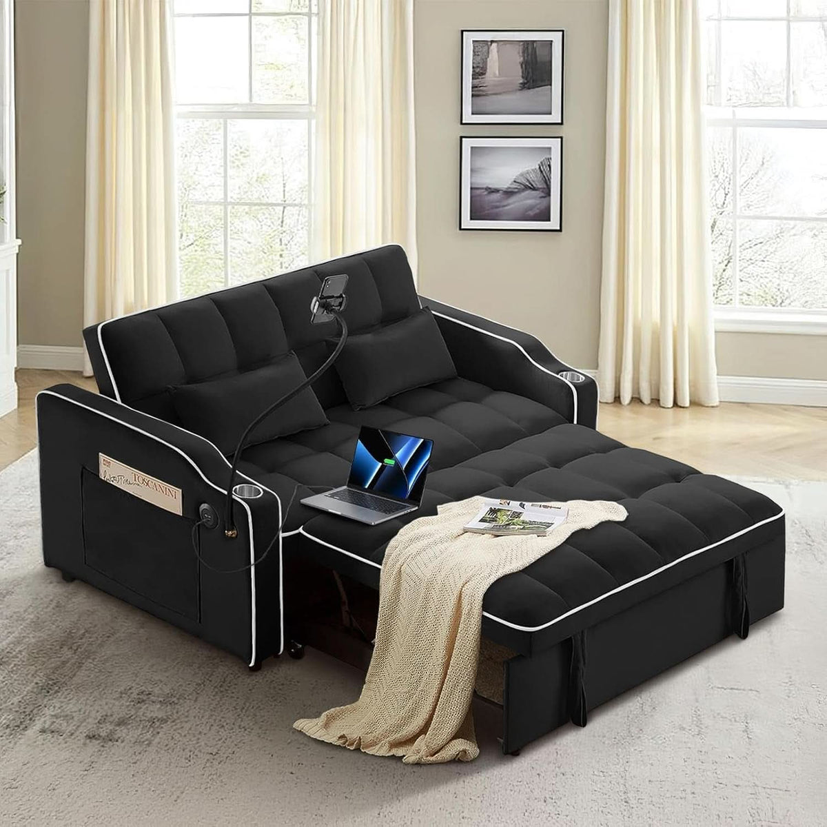 Black Velvet Luxe Sleeper Sofa Bed USB Charging Port