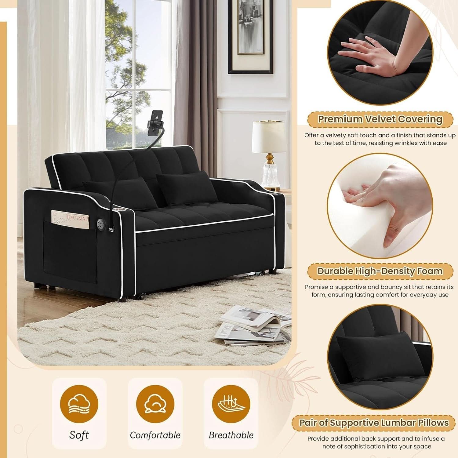 Black Velvet Luxe Sleeper Sofa Bed USB Charging Port