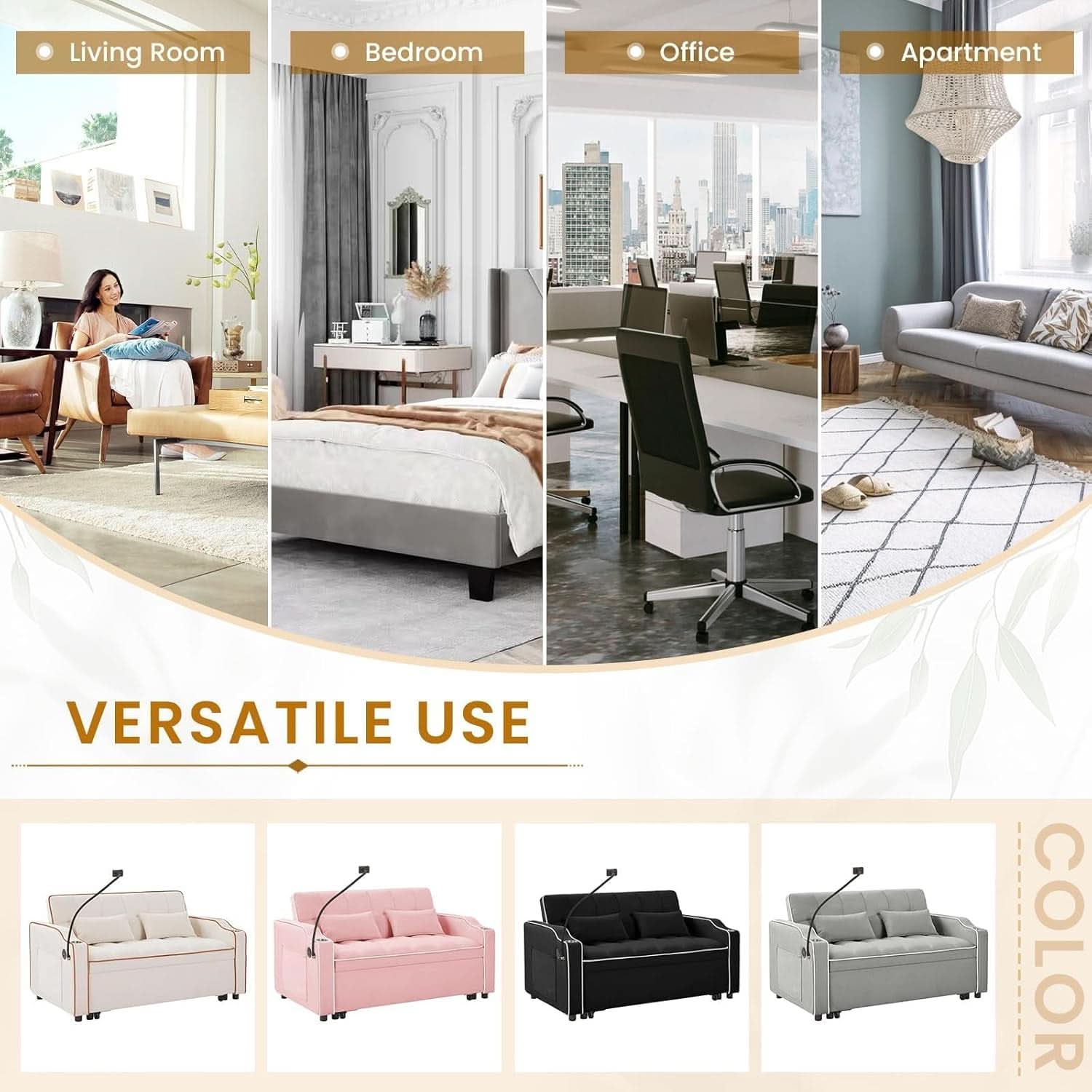 Black Velvet Luxe Sleeper Sofa Bed USB Charging Port