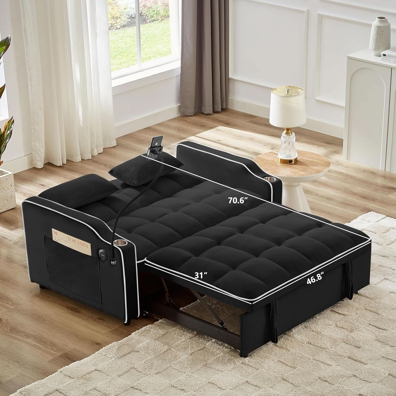 Black Velvet Luxe Sleeper Sofa Bed USB Charging Port