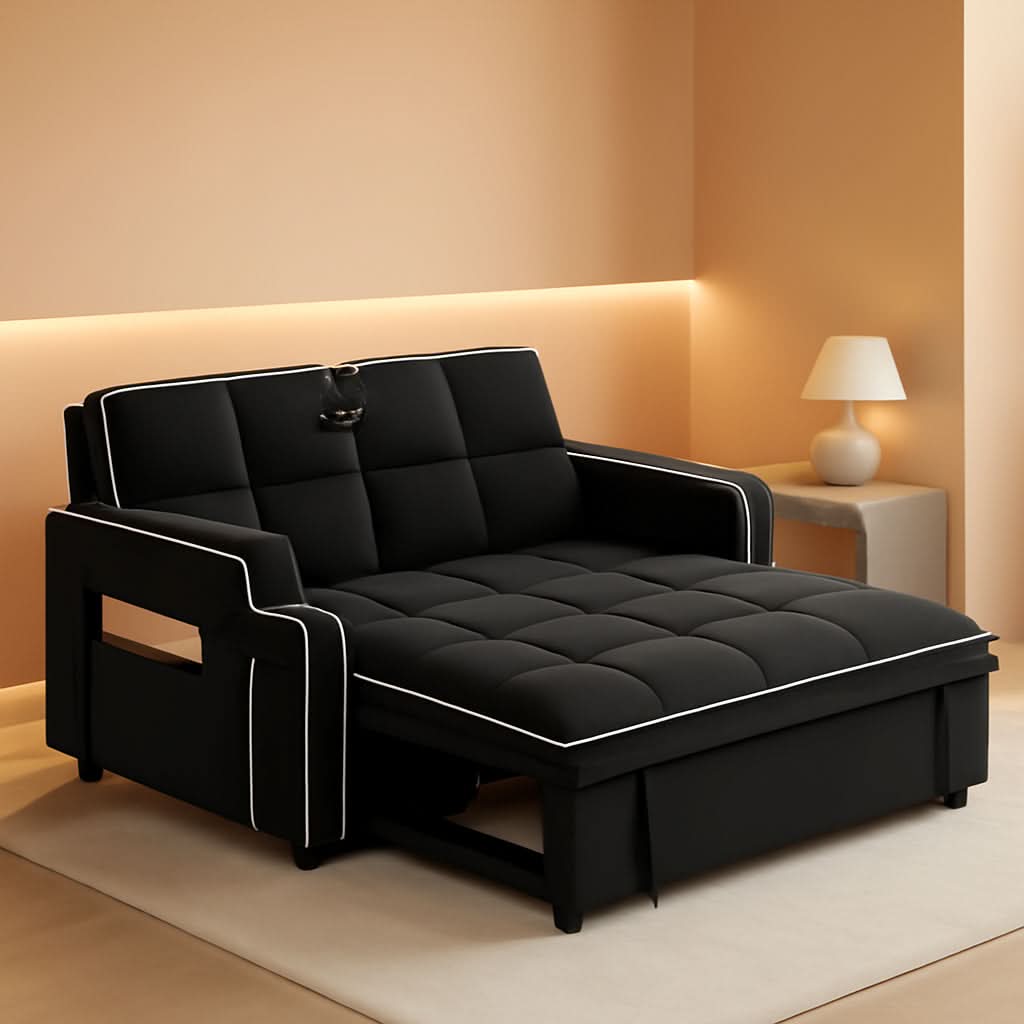 Black Velvet Luxe Sleeper Sofa Bed USB Charging Port