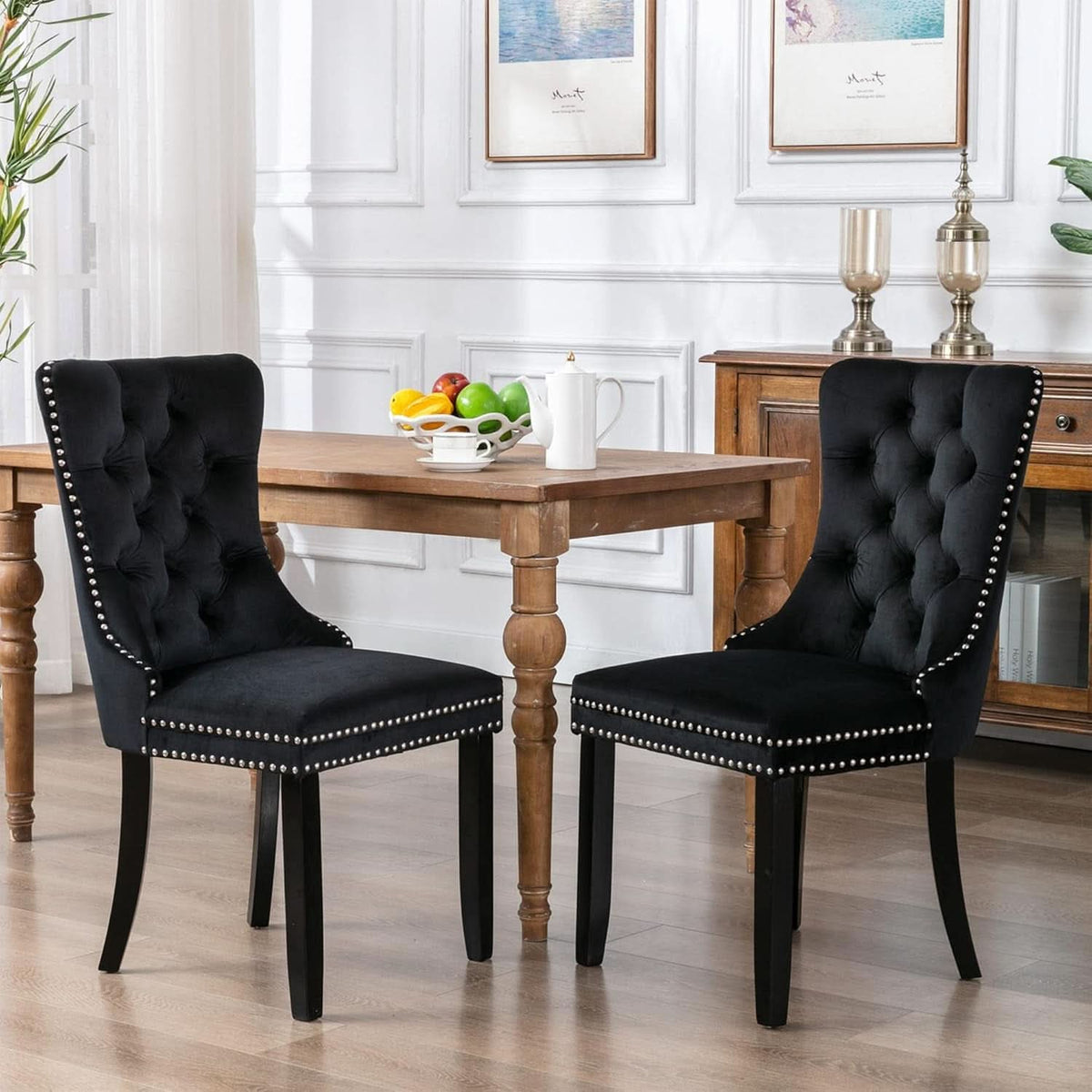 Black Velvet Tufted Dining Chairs With Nailhead Trim