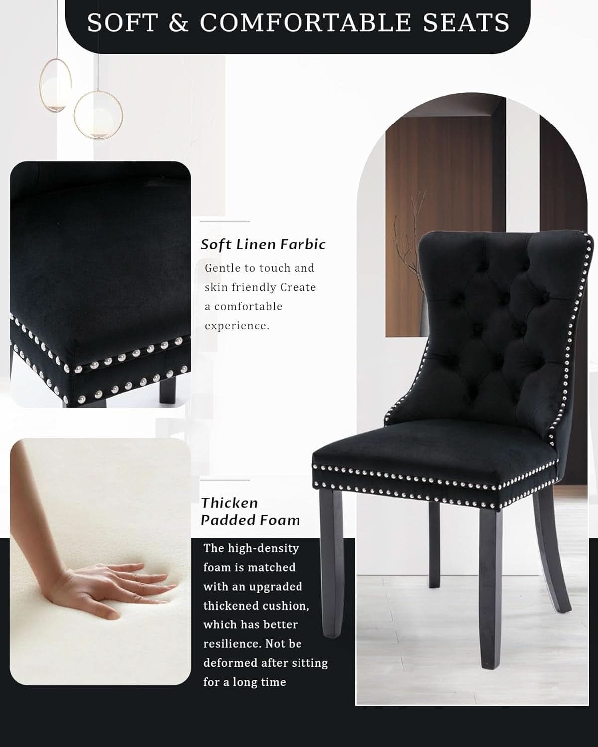 Black Velvet Tufted Dining Chairs With Nailhead Trim Set of 2