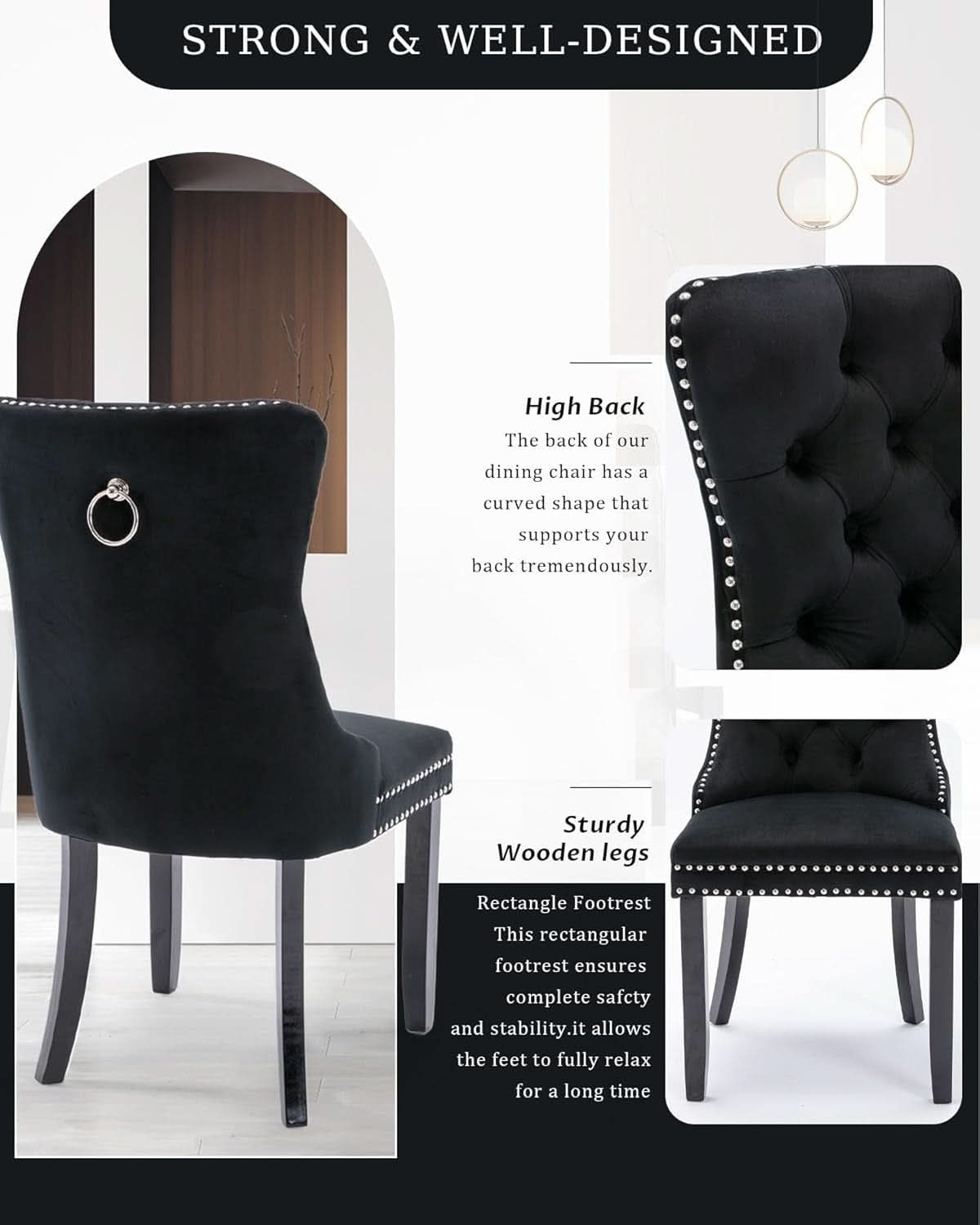 Black Velvet Tufted Dining Chairs With Nailhead Trim Set of 2