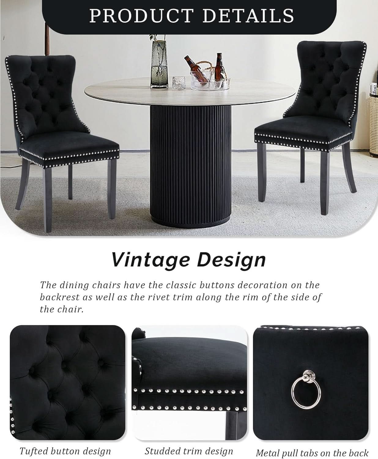 Black Velvet Tufted Dining Chairs With Nailhead Trim Set of 2