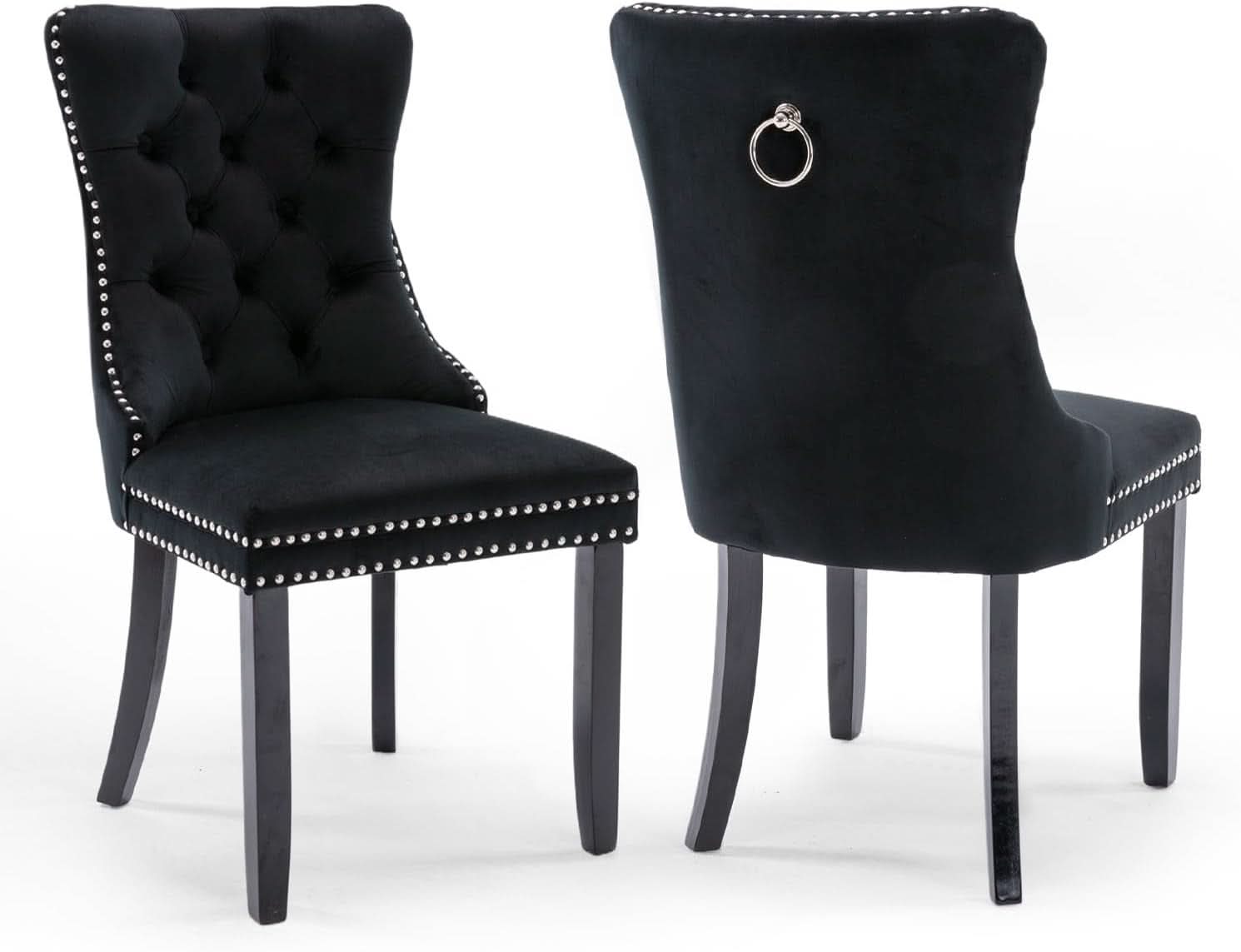 Black Velvet Tufted Dining Chairs With Nailhead Trim Set of 2