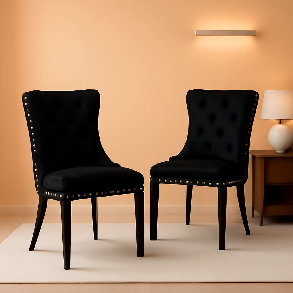 Black Velvet Tufted Dining Chairs With Nailhead Trim Set of 2