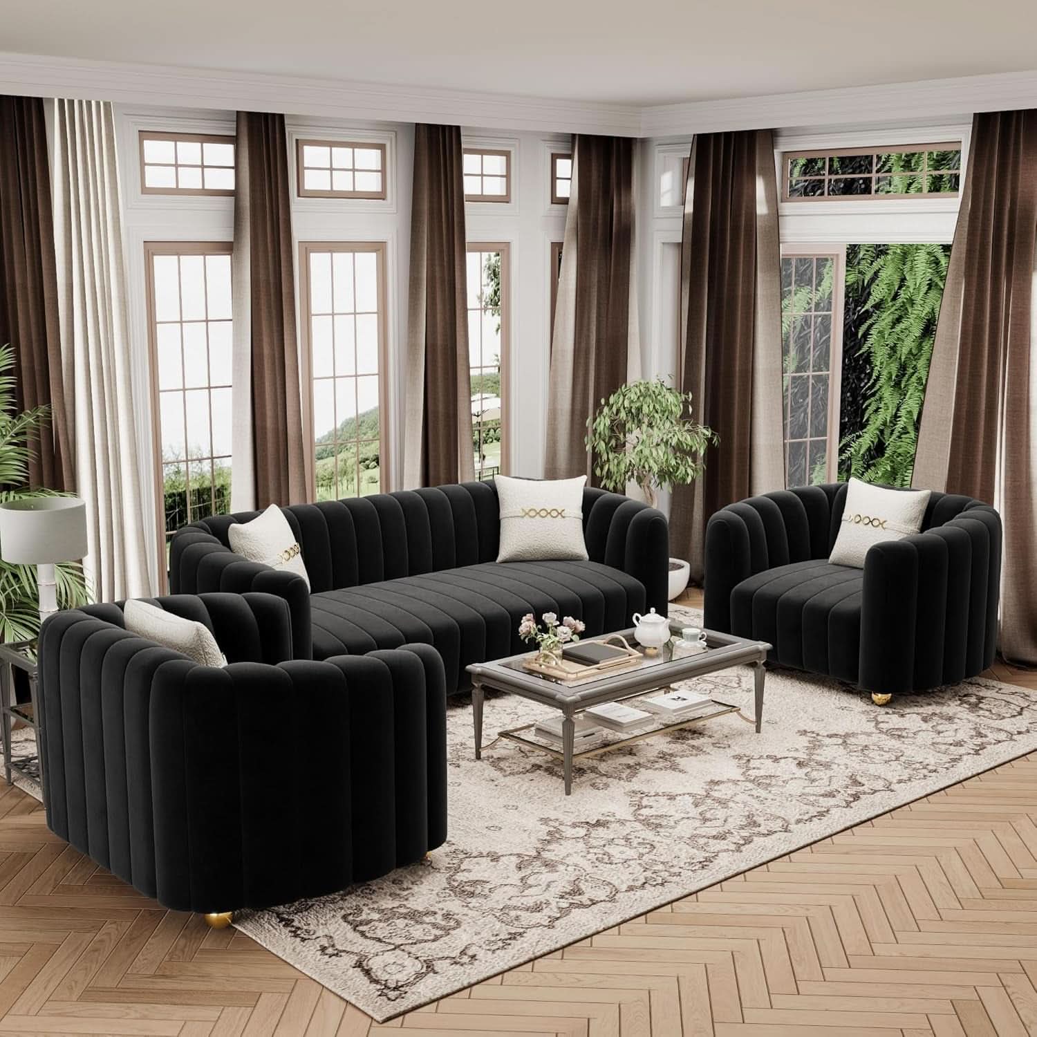 Black Velvet Tufted Sofa Set 3 Piece With Gold Metal Legs