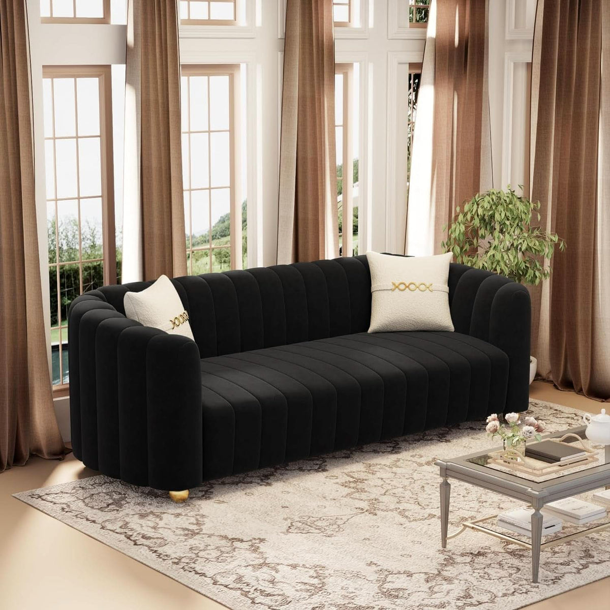 Black Velvet Tufted Sofa Set 3 Piece With Gold Metal Legs