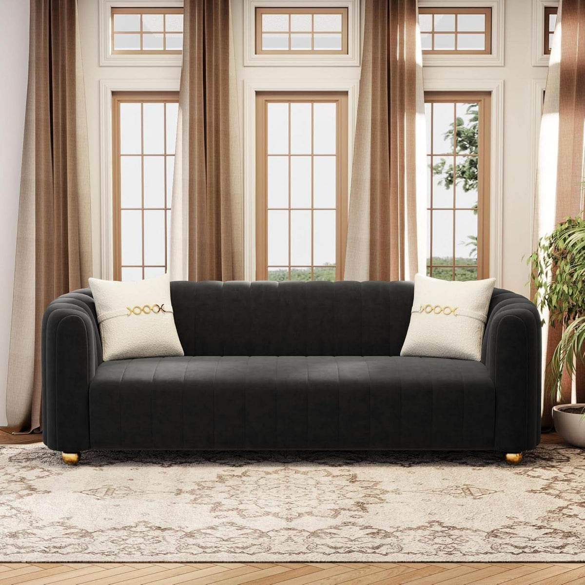 Black Velvet Tufted Sofa Set 3 Piece With Gold Metal Legs