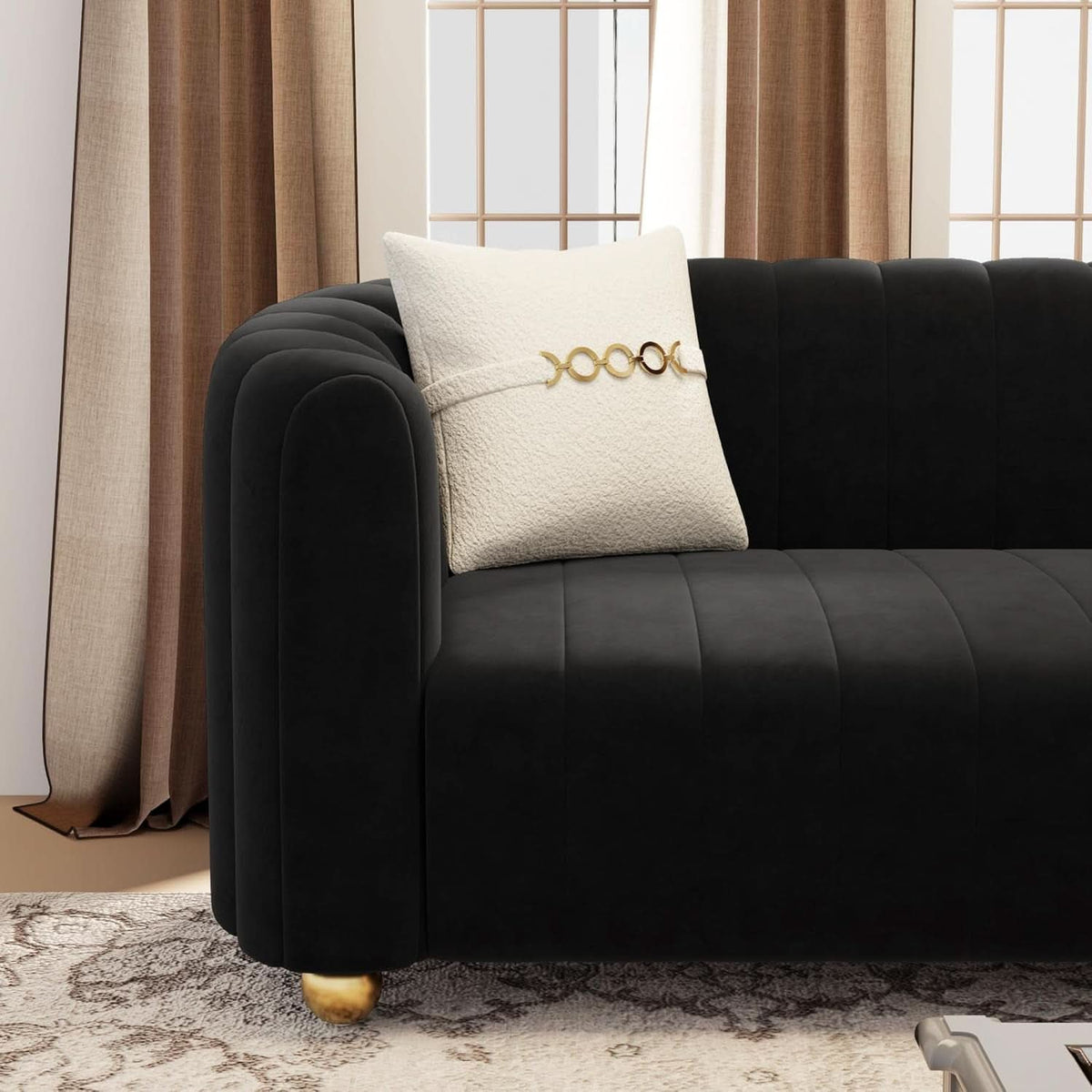 Black Velvet Tufted Sofa Set 3 Piece With Gold Metal Legs
