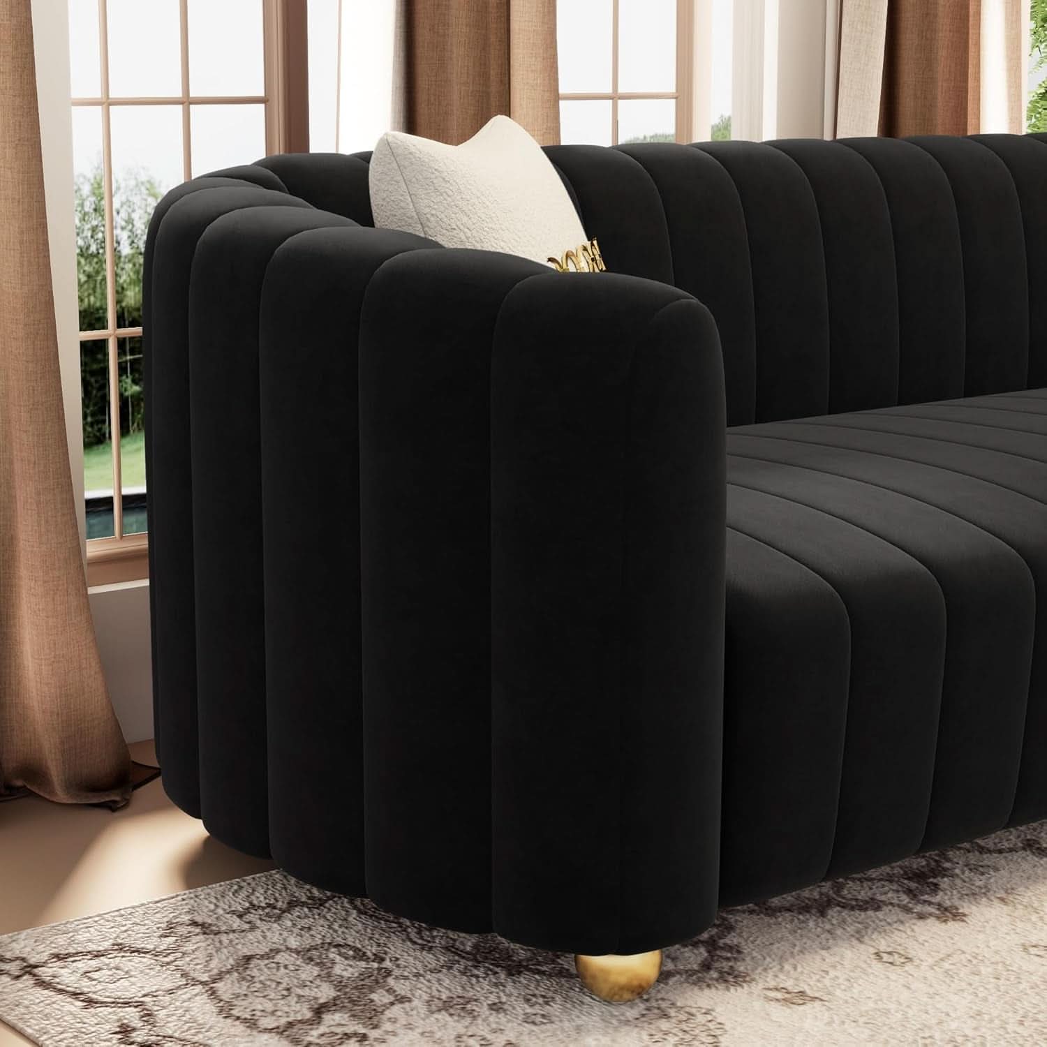 Black Velvet Tufted Sofa Set 3 Piece With Gold Metal Legs