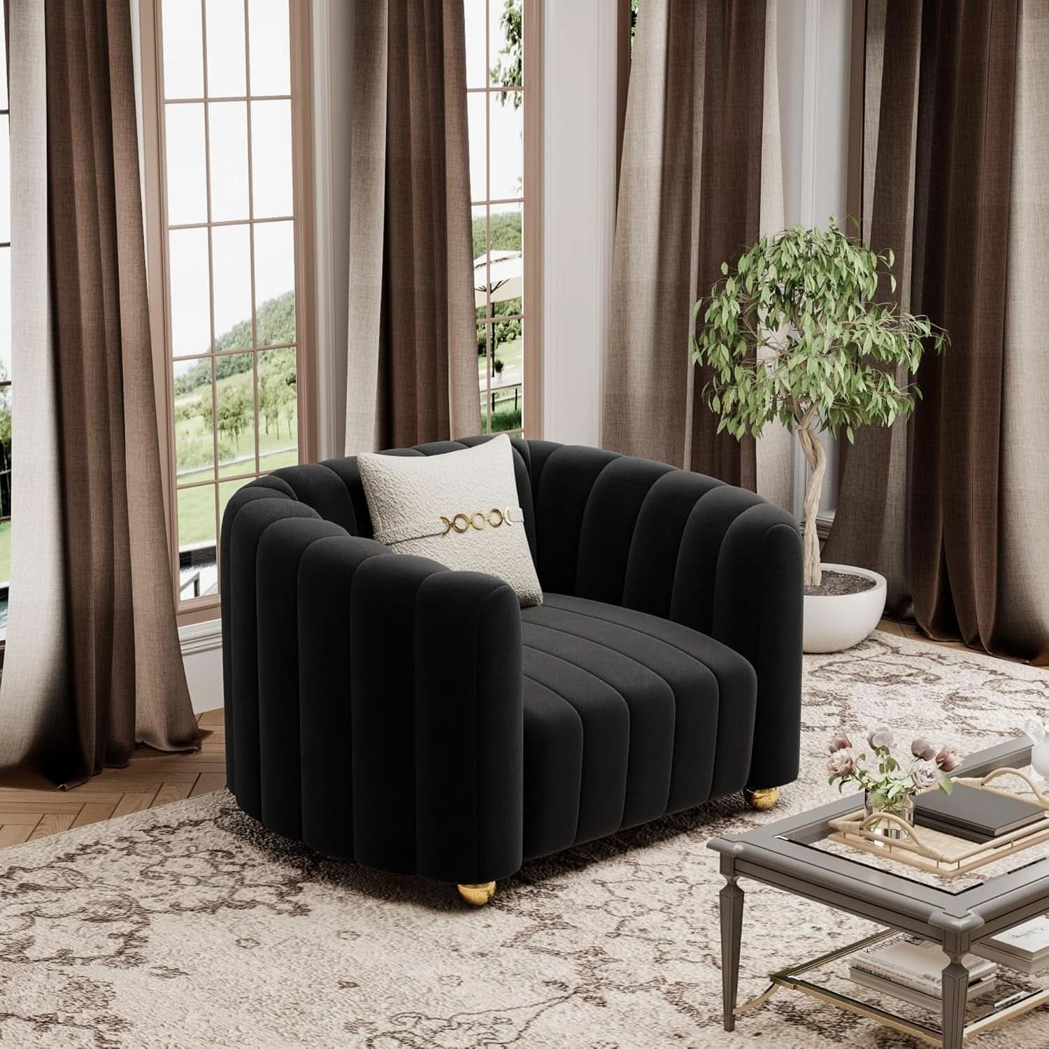 Black Velvet Tufted Sofa Set 3 Piece With Gold Metal Legs