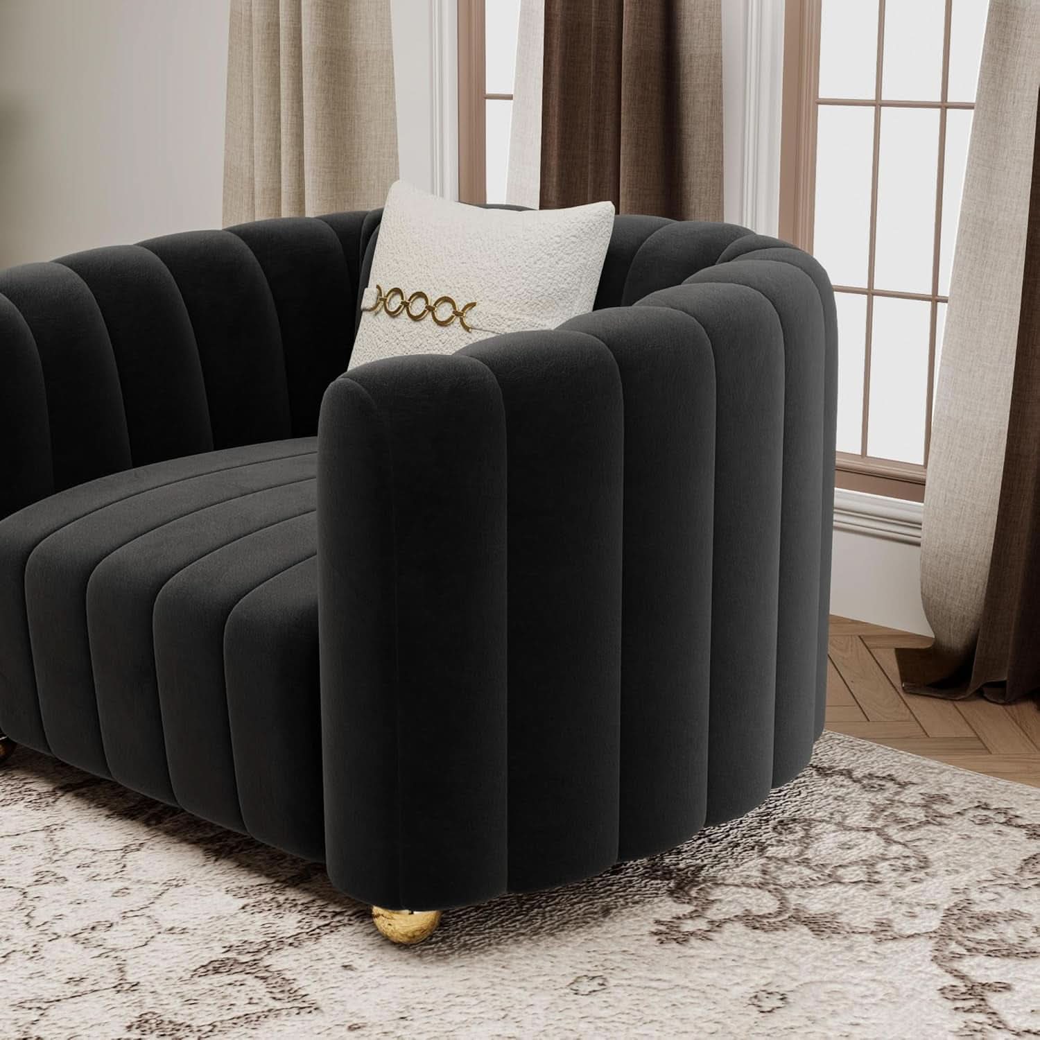 Black Velvet Tufted Sofa Set 3 Piece With Gold Metal Legs