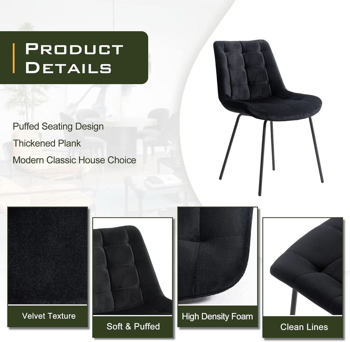Black Velvet Upholstered Dining Chair Set Of 2 Kitchen