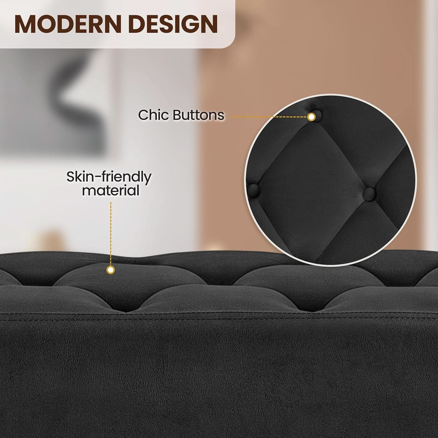 Black Velvet Upholstered Ottoman Bench Golden Legs