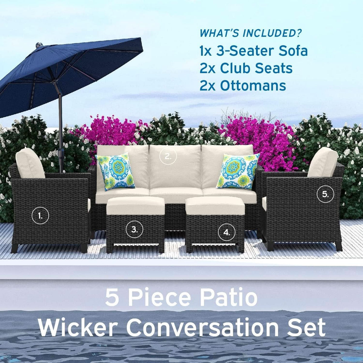 Black Wicker Patio Furniture Set With Off White Cushions 5 Piece