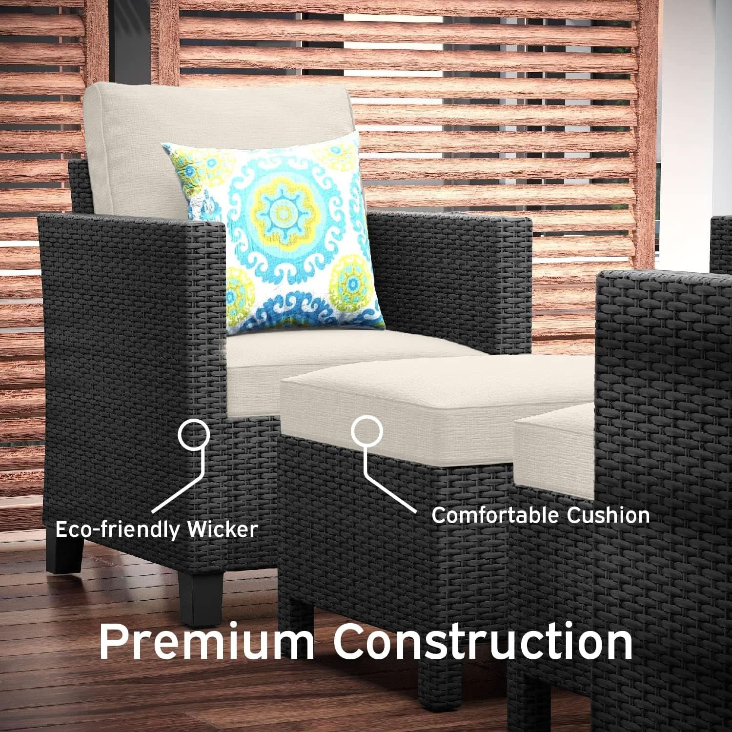 Black Wicker Patio Furniture Set With Off White Cushions 5 Piece