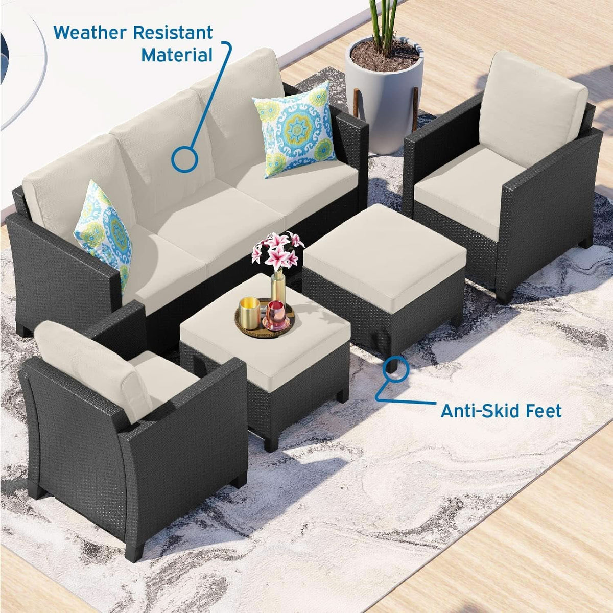 Black Wicker Patio Furniture Set With Off White Cushions 5 Piece