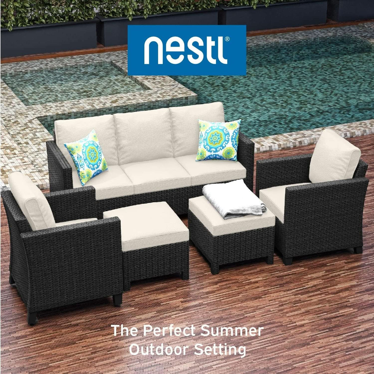 Black Wicker Patio Furniture Set With Off White Cushions 5 Piece