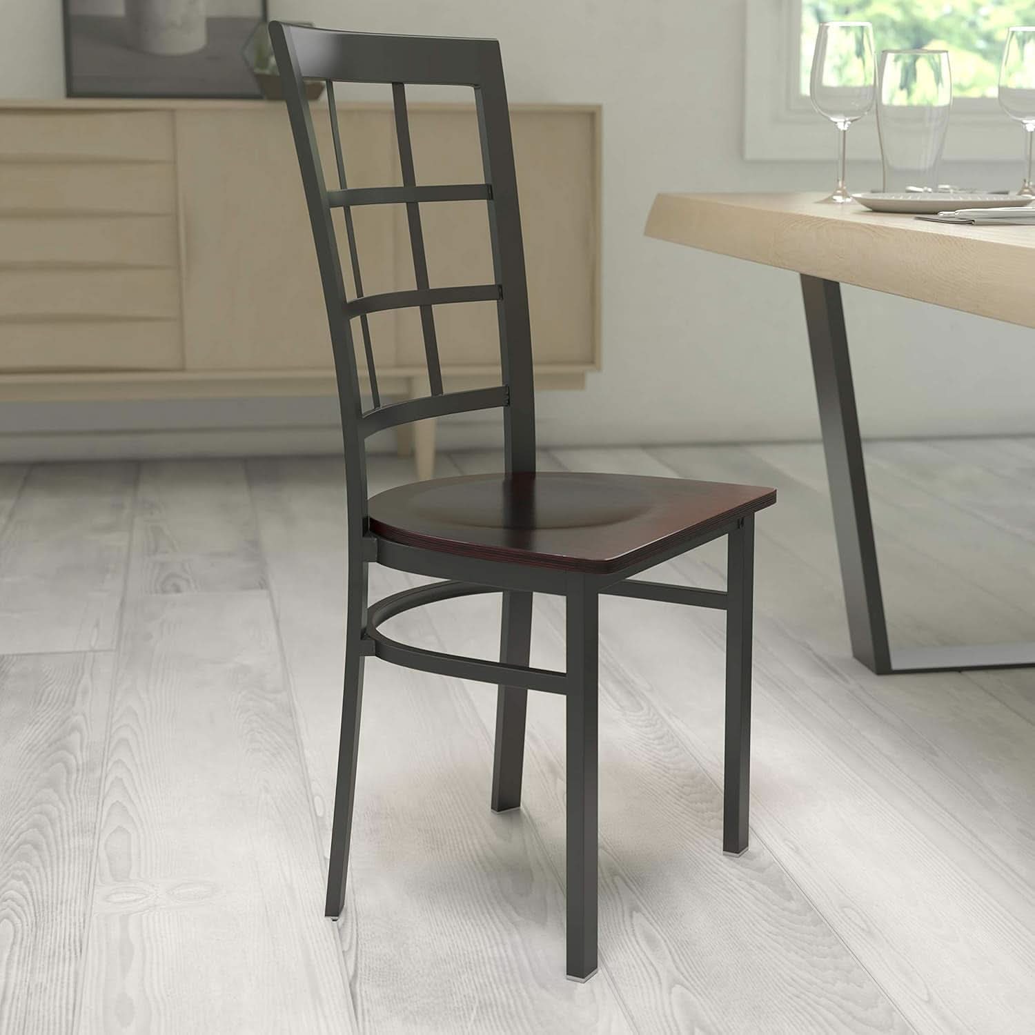 Black Window Back Metal Dining Chair With Walnut Wood Seat