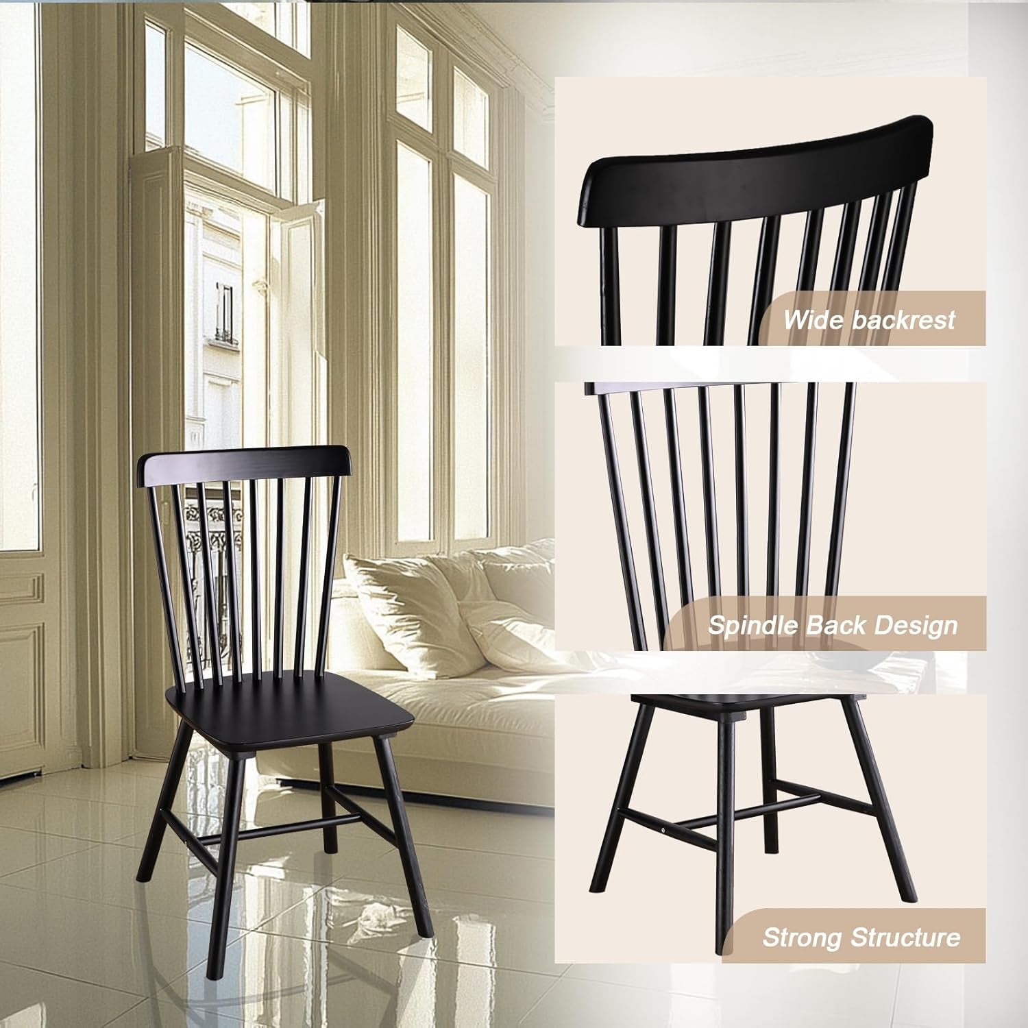 Black Windsor Dining Chairs Set of 2 With Spindle Back