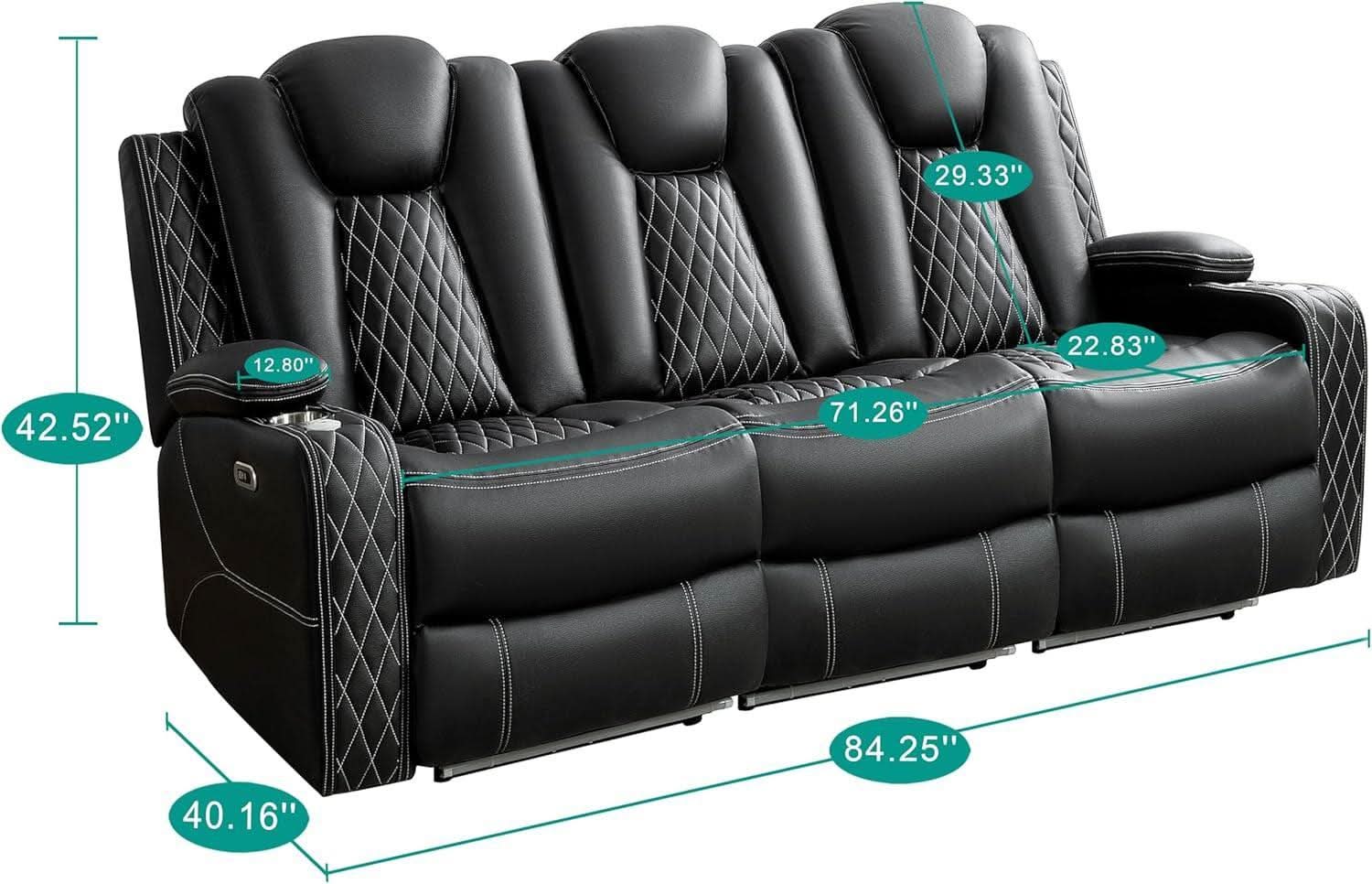 Black Wireless Charging Power Recliner Sofa With USB Ports