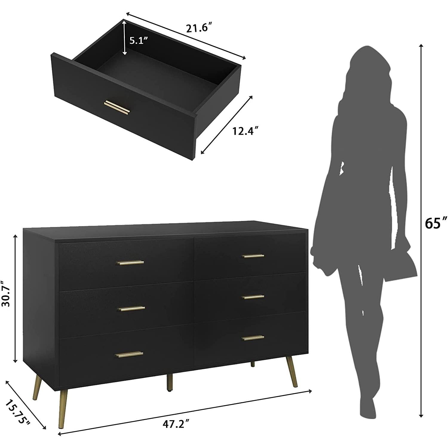 Black Wood Dresser With Six Drawers For Bedroom Storage