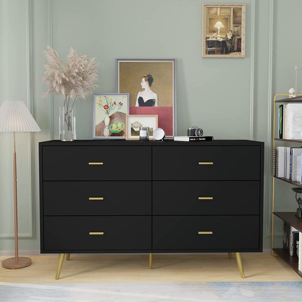 Black Wood Dresser With Six Drawers For Bedroom Storage