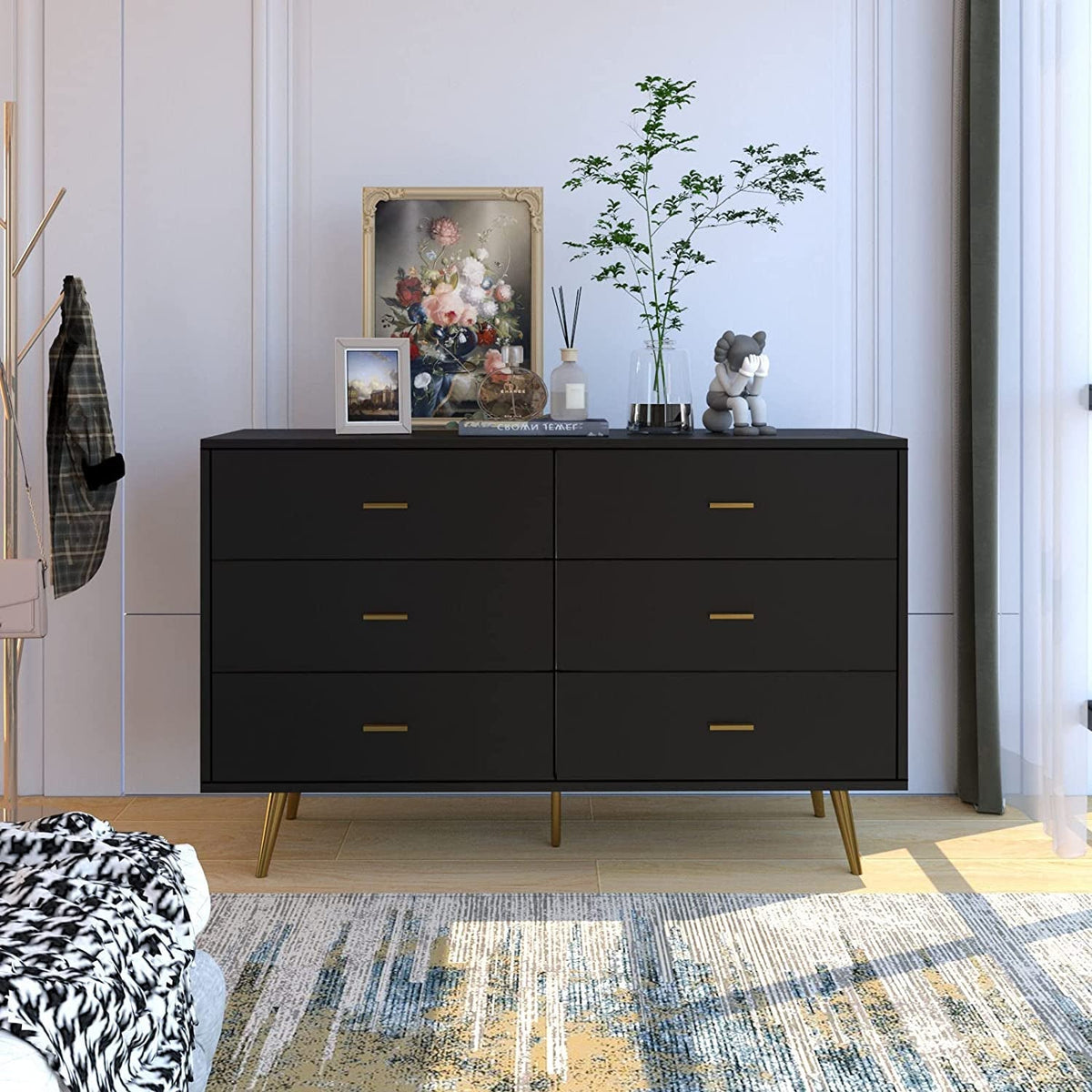 Black Wood Dresser With Six Drawers For Bedroom Storage