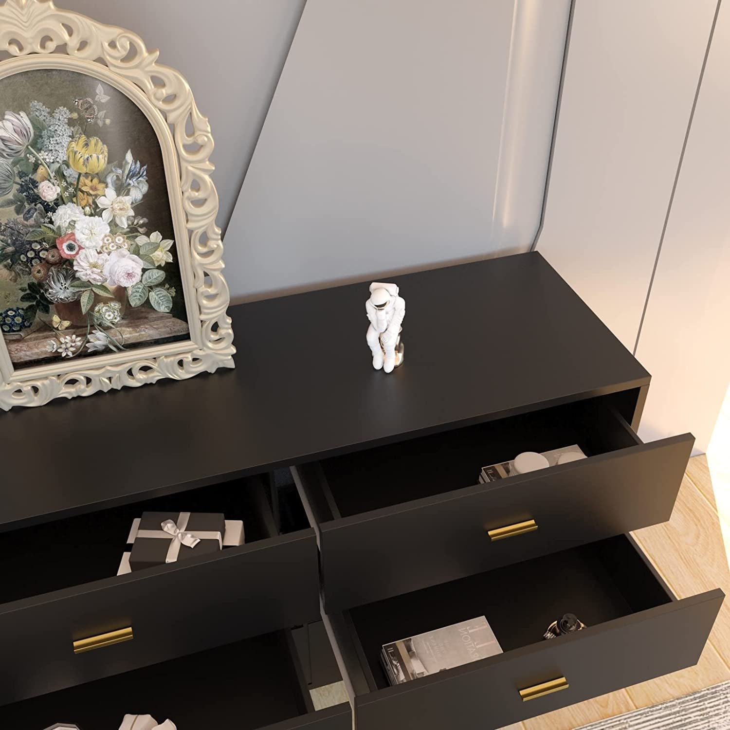 Black Wood Dresser With Six Drawers For Bedroom Storage