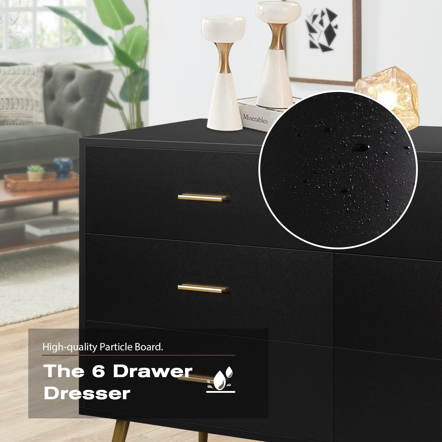 Black Wood Dresser With Six Drawers For Bedroom Storage