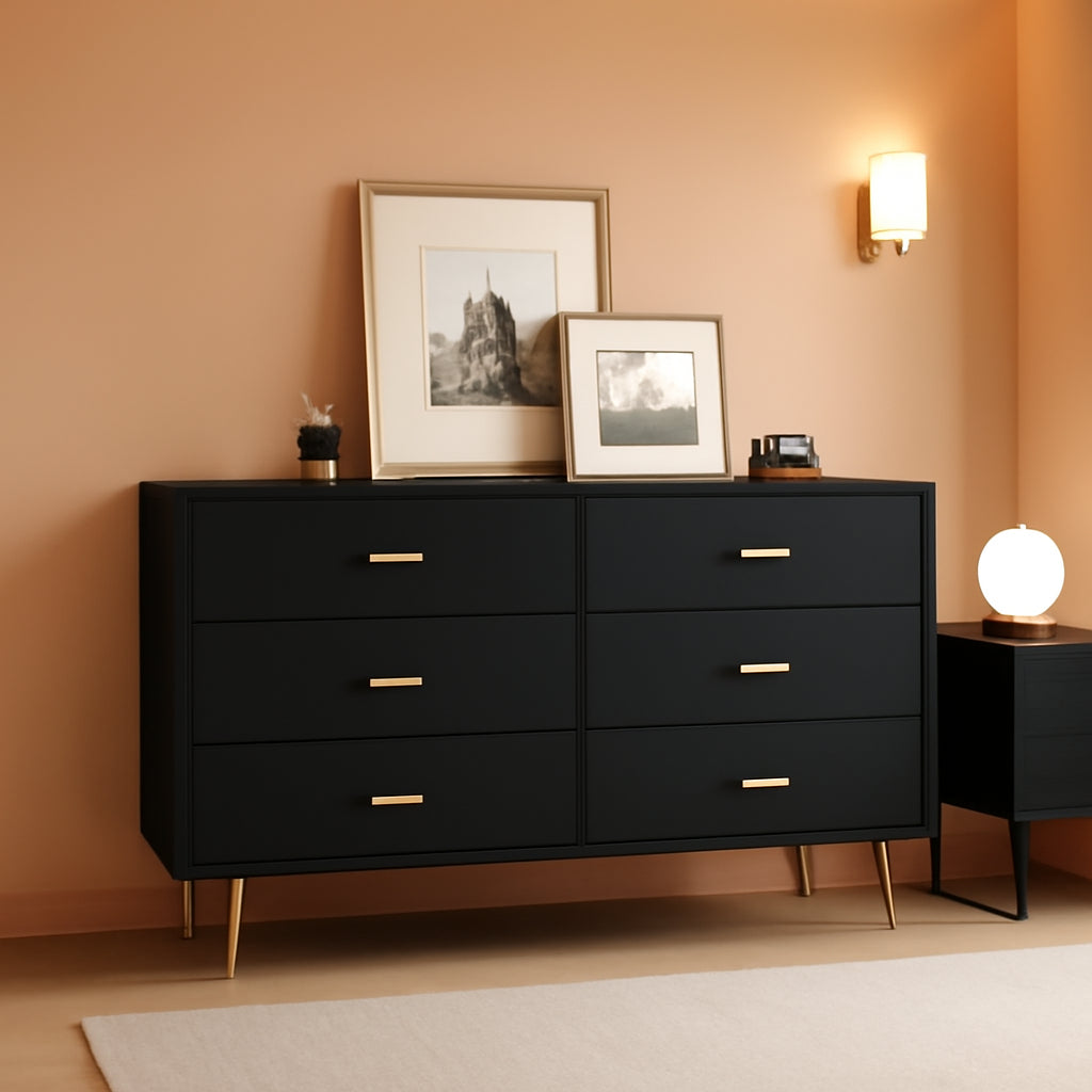 Black Wood Dresser With Six Drawers For Bedroom Storage