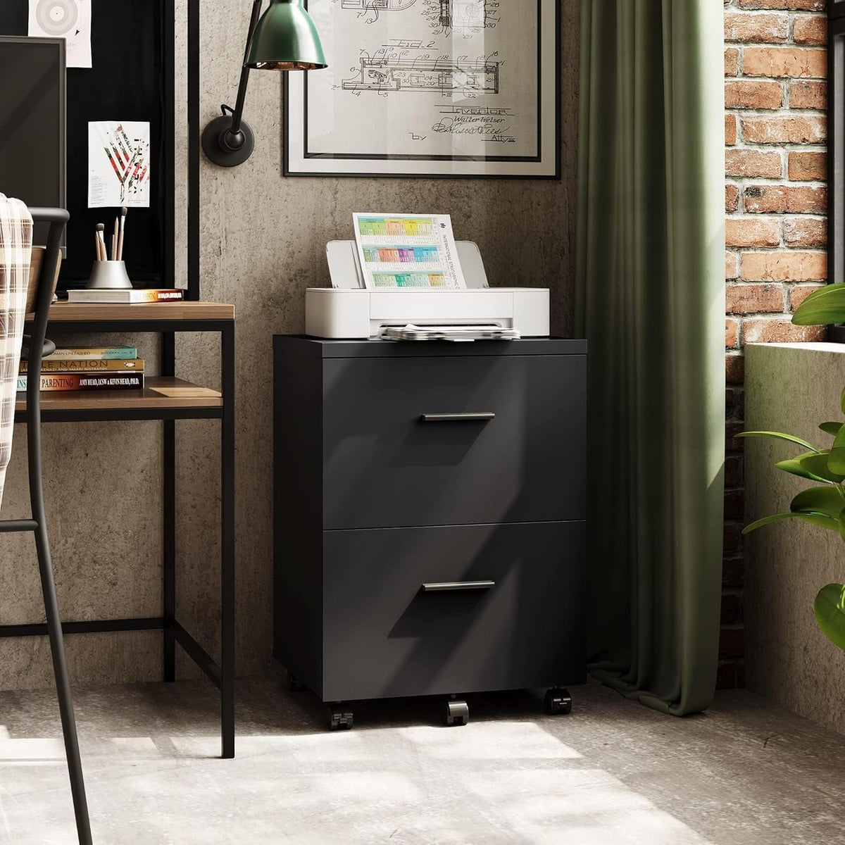 Black Wood File Cabinet 2 Drawer With Wheels Home Office
