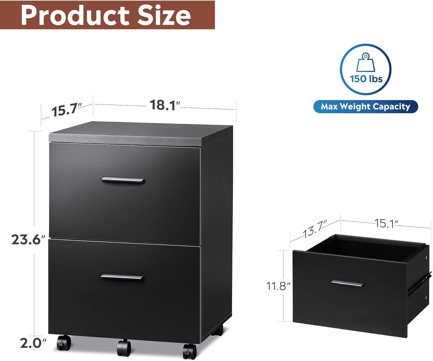 Black Wood File Cabinet 2 Drawer With Wheels Home Office