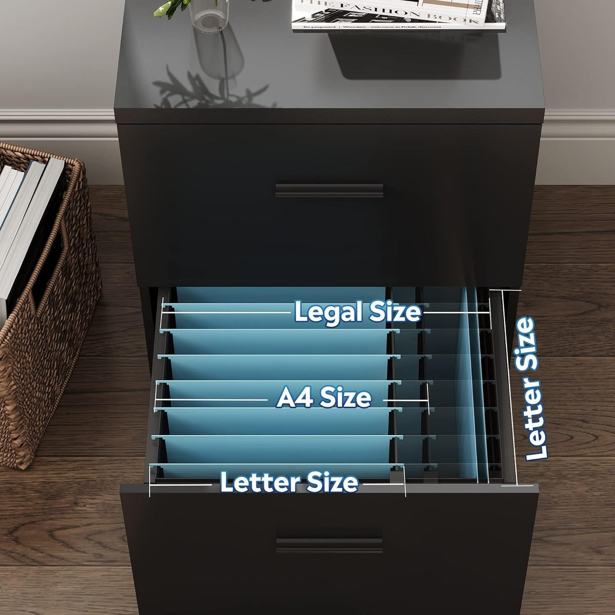 Black Wood File Cabinet 2 Drawer With Wheels Home Office