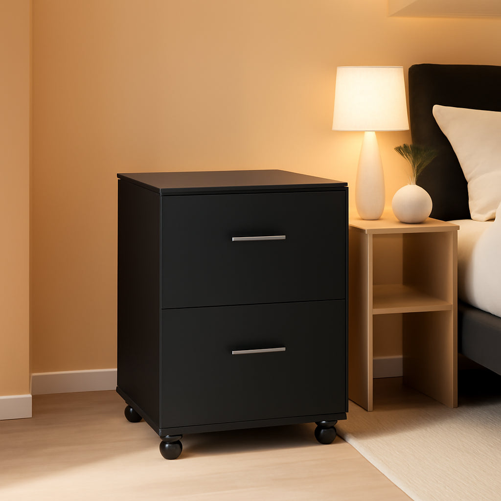 Black Wood File Cabinet 2 Drawer With Wheels Home Office