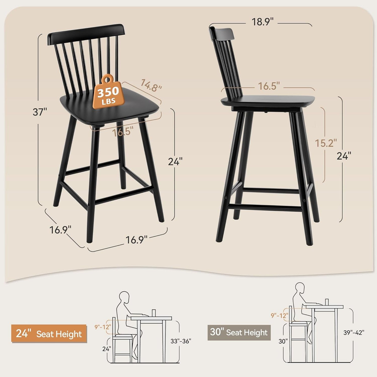 Black Wooden Bar Stools Set Of 3 24 Inch Counter Height
