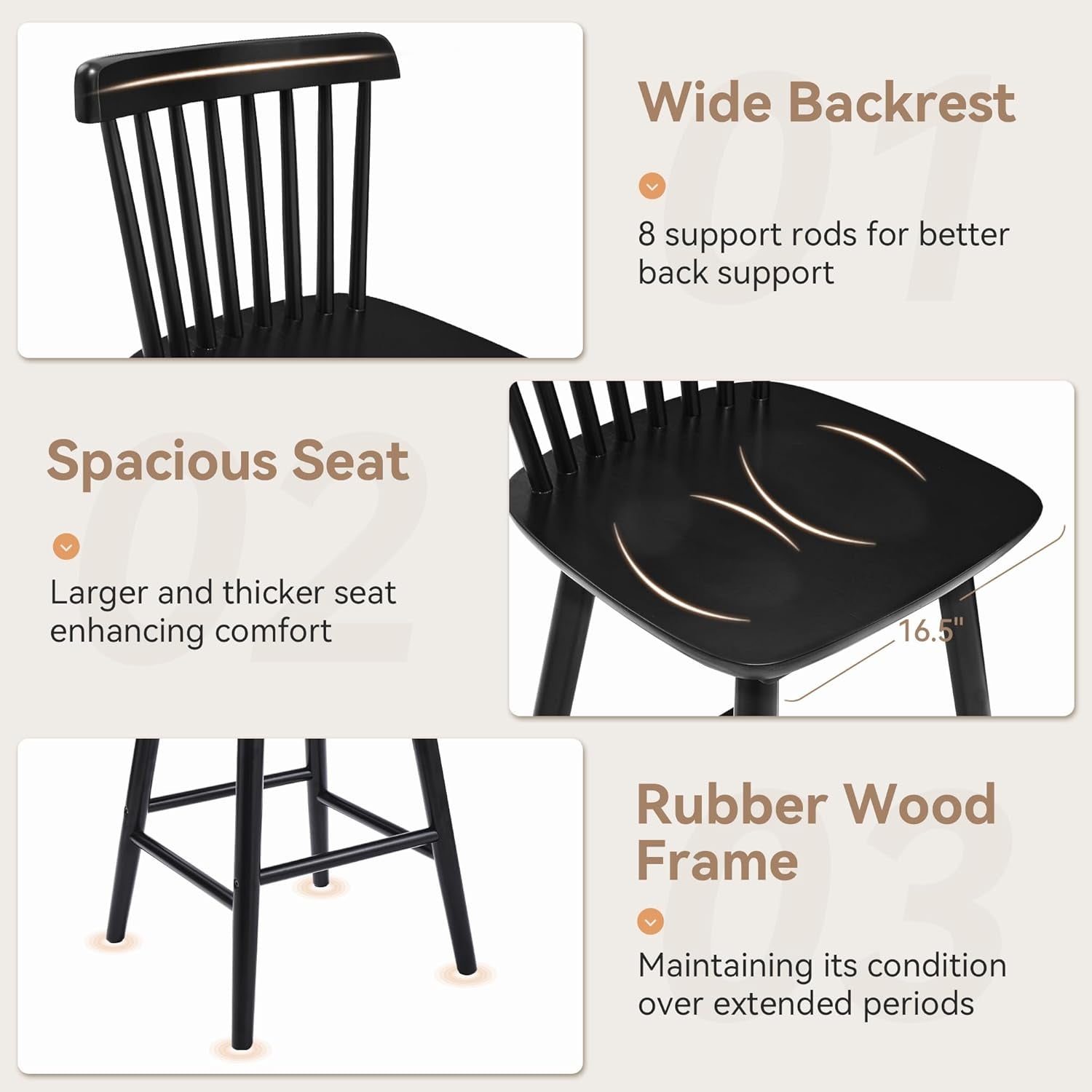 Black Wooden Bar Stools Set Of 3 24 Inch Counter Height