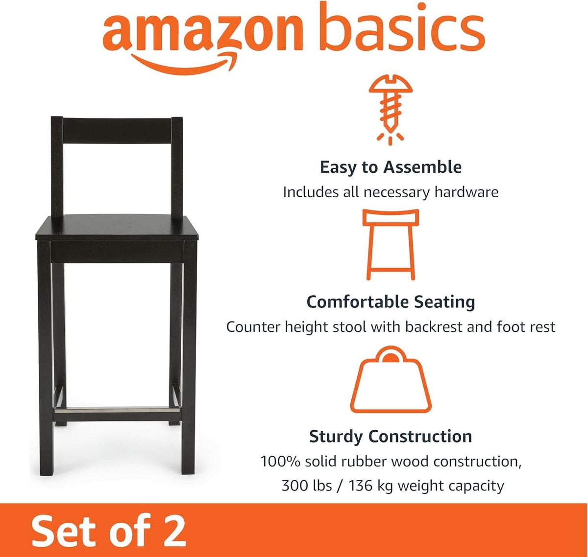 Black Wooden Bar Stools With Backrests Counter Height Set Of 2