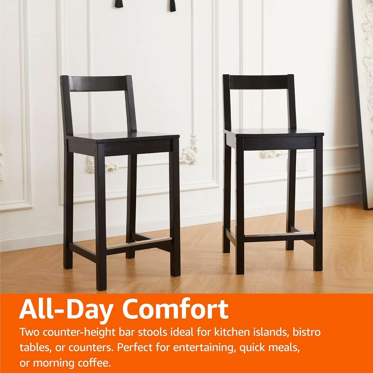 Black Wooden Bar Stools With Backrests Counter Height Set Of 2