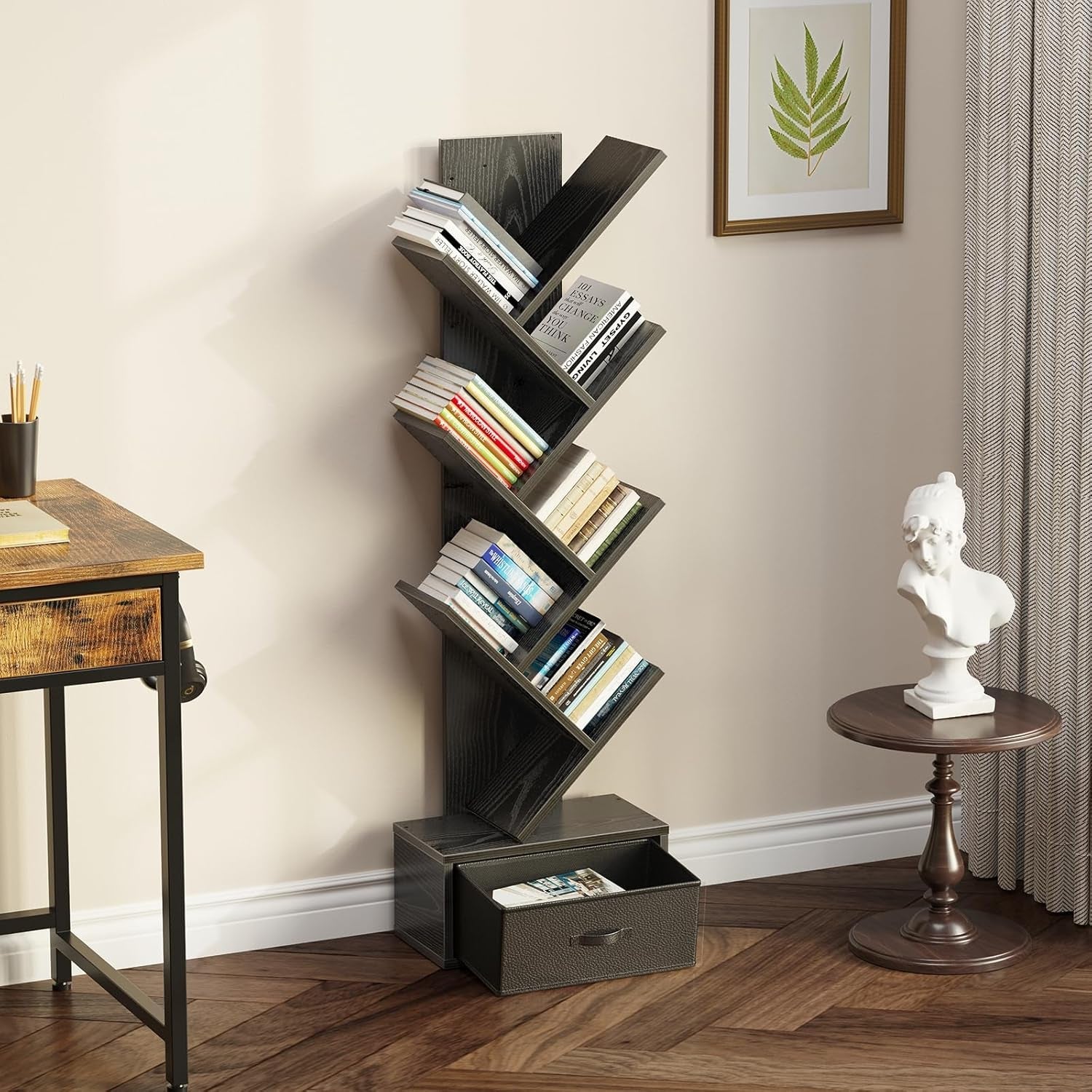 Black Wooden Bookshelf With Drawer 7 Shelf Tree Storage