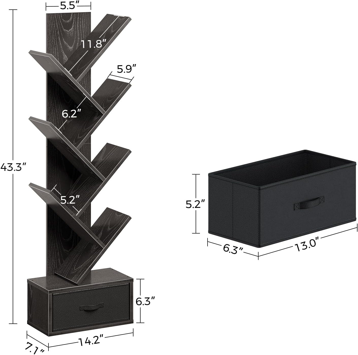 Black Wooden Bookshelf With Drawer 7 Shelf Tree Storage