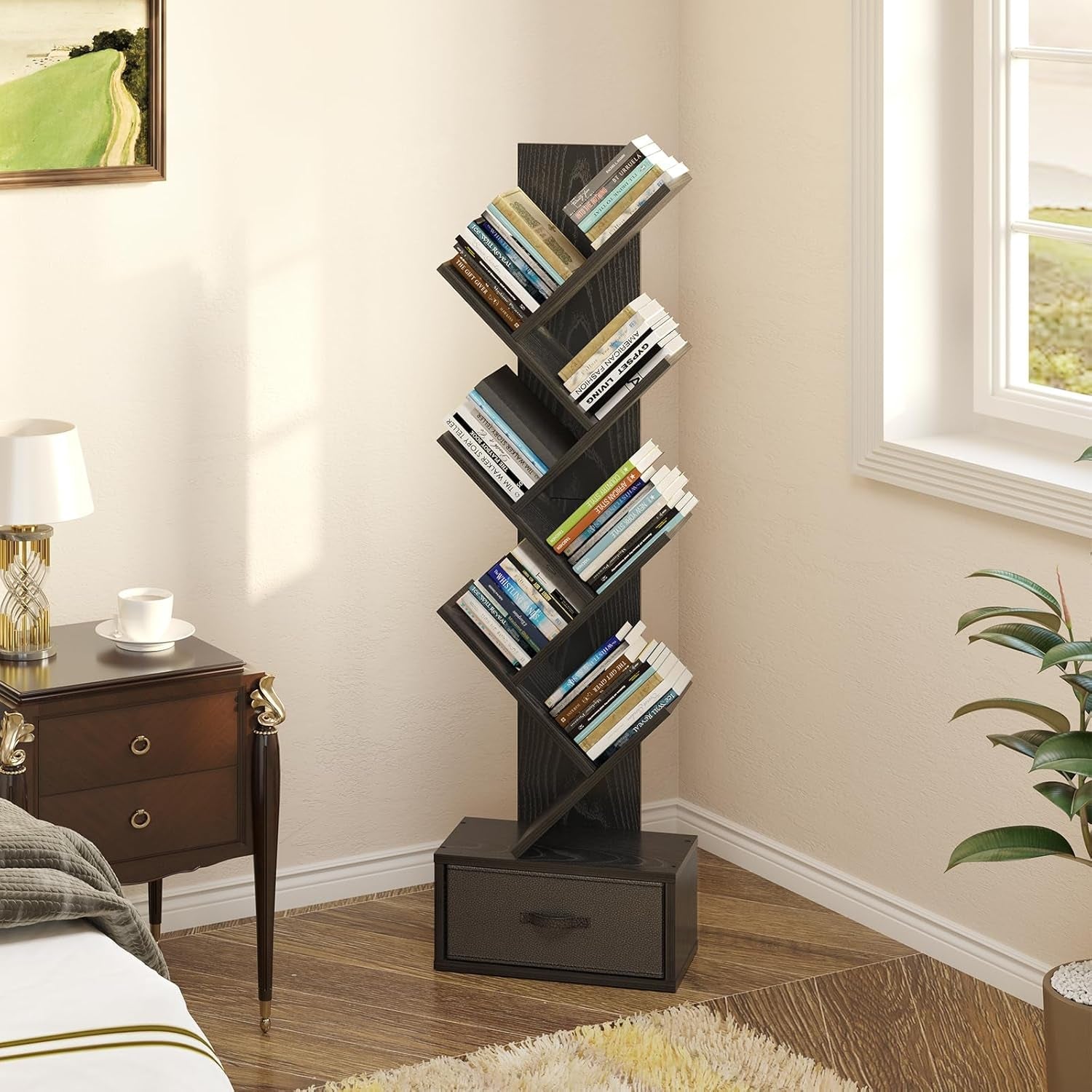 Black Wooden Bookshelf With Drawer 7 Shelf Tree Storage