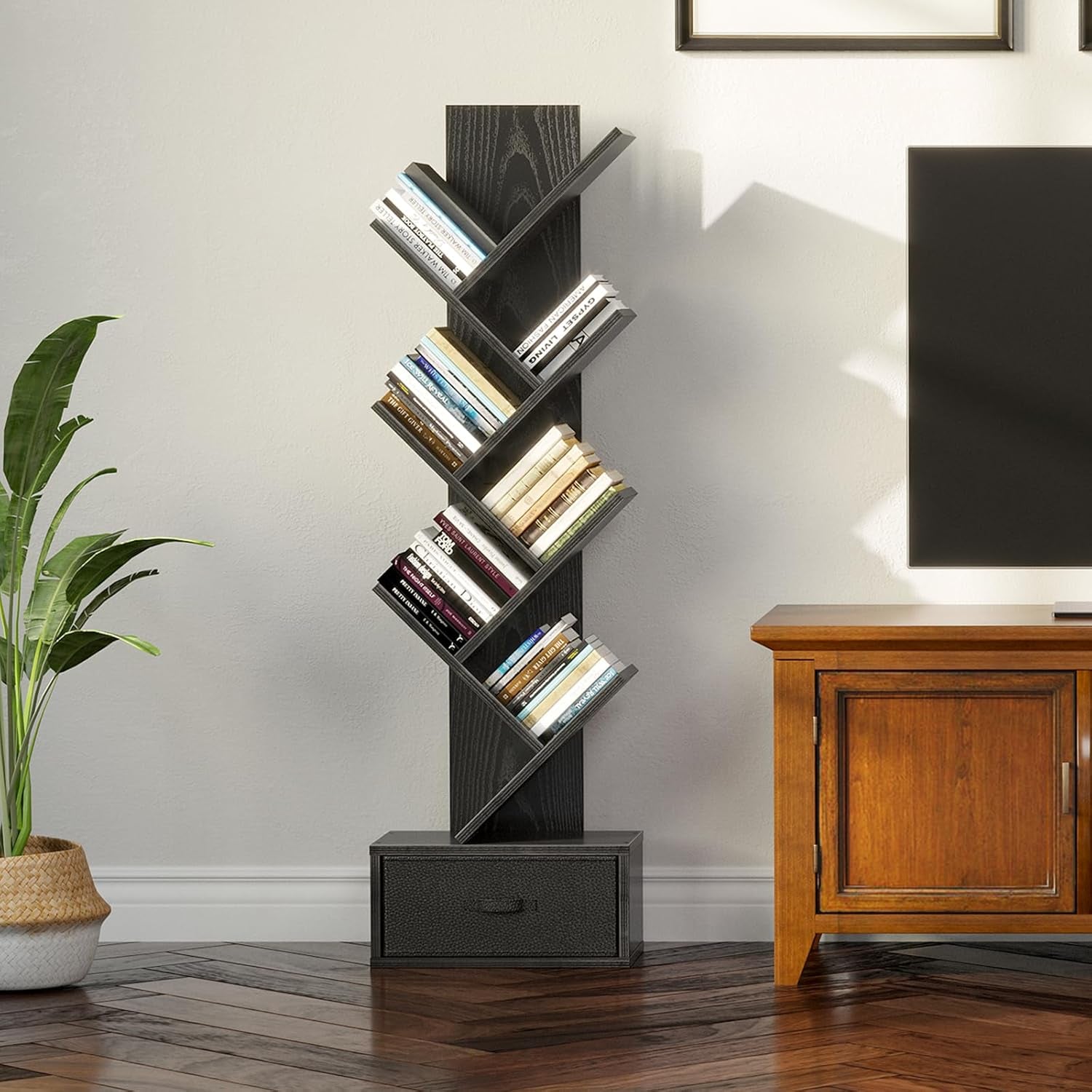 Black Wooden Bookshelf With Drawer 7 Shelf Tree Storage