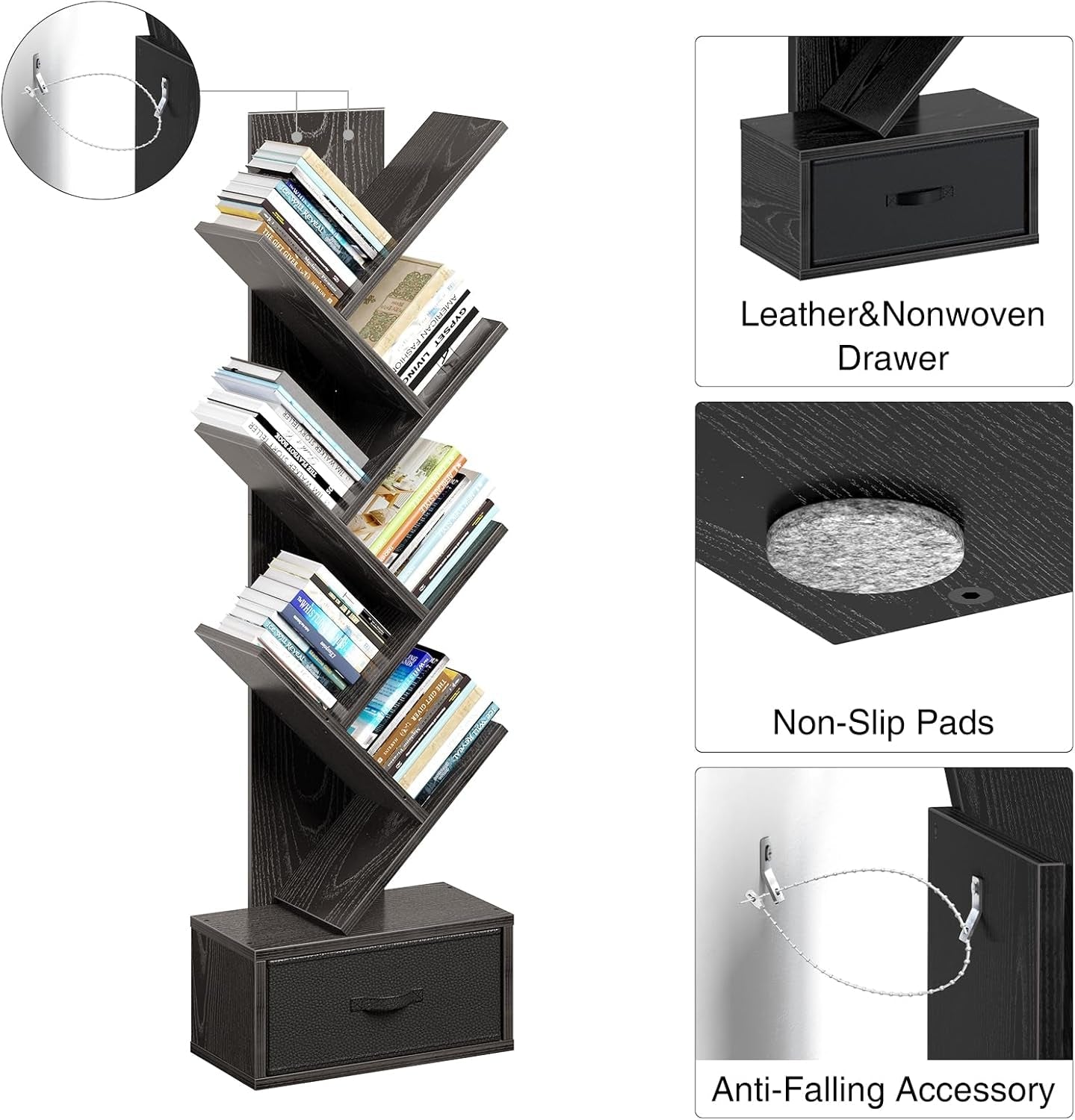 Black Wooden Bookshelf With Drawer 7 Shelf Tree Storage
